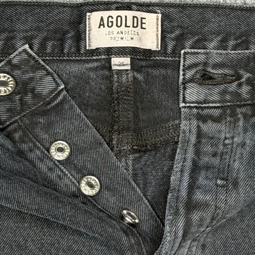 AGOLDE Quinn Denim Mini Skirt 25 / 0 Black Distressed Raw Hem High Rise - Picture 2 of 6